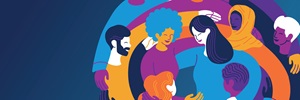 Investment Case 2023 banner Illustration of people in blue, purple and orange colour shades, holding each other's shoulders and forming a spiraling circle.